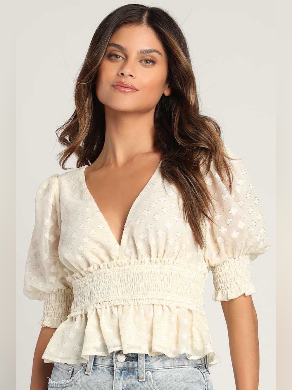 Lulu's Chic at the Chateau Cream Jacquard Smocked Peplum Top Size XS - C72-034